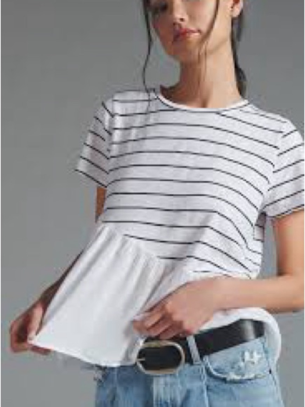T.La White Top with Black Stripes and Peplum Hem